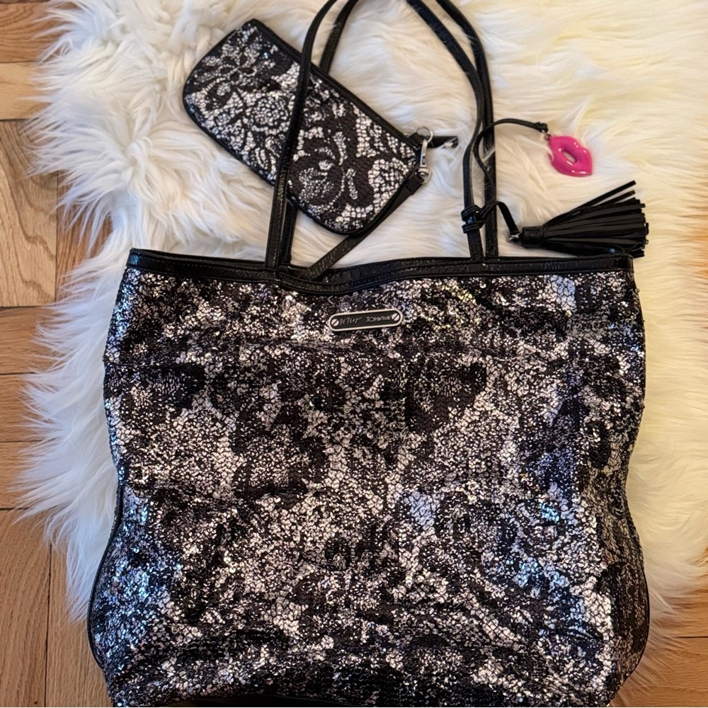 Betsey Johnson Black and Silver Sequin Floral Tote Set
